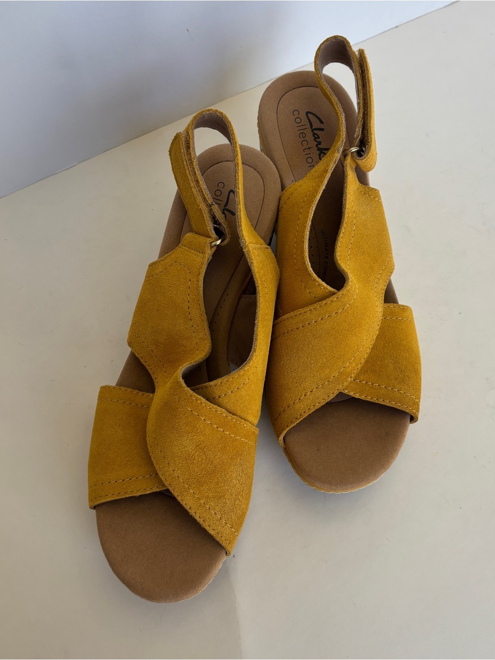 Clarks yellow suede platform sandals with cork sole #platform #summer